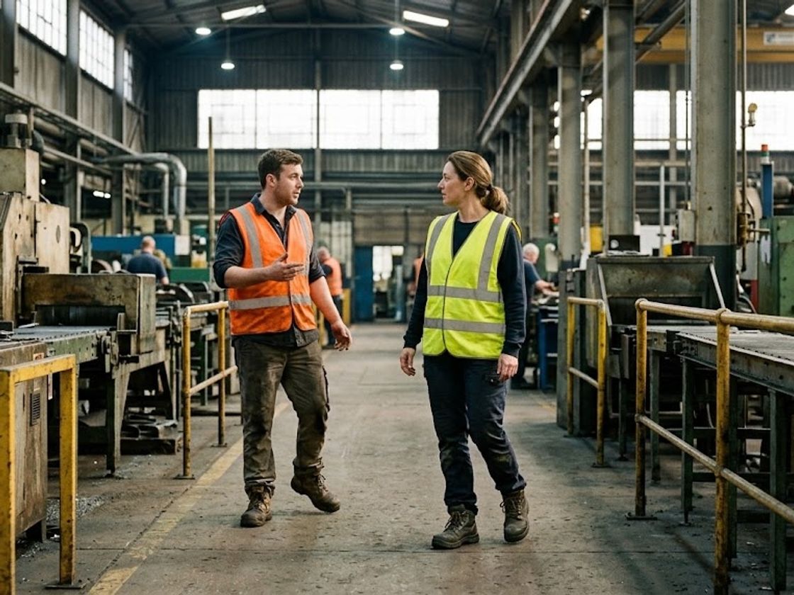 Production supervisor interrupted on the factory floor, showing how supervisor admin workload builds up