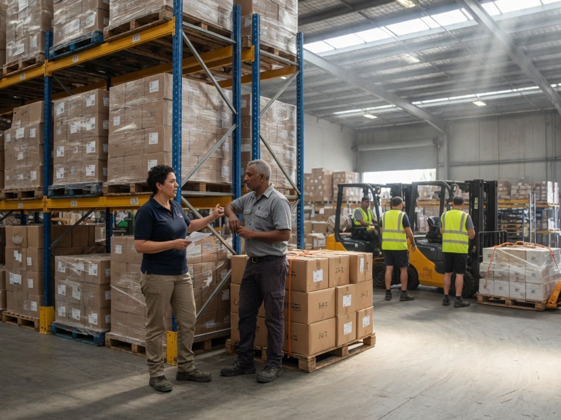 Operations manager and supervisor talking in a Melbourne warehouse about labour hire licence fraud checks before a provider starts