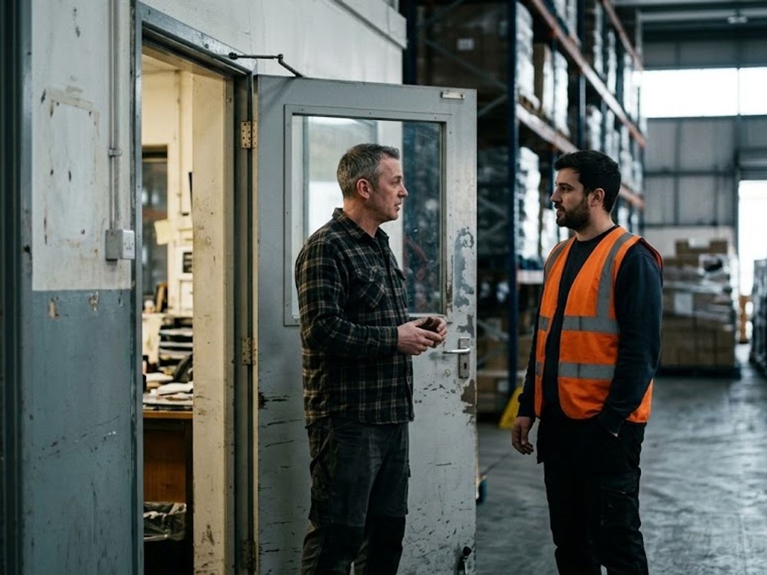 Two warehouse colleagues talking in an office doorway about workforce data duplication between systems