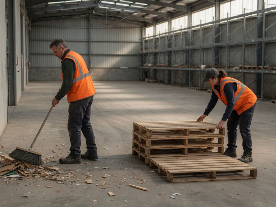 Two workers sweeping a clear aisle and stacking empty pallets at shift end, an example of warehouse housekeeping