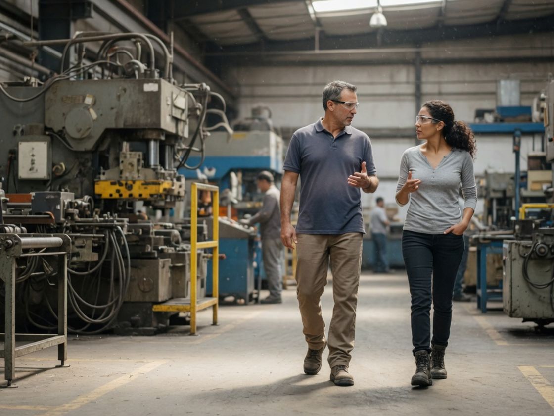Plant manager and a production supervisor walking side by side along a manufacturing floor with machinery behind them