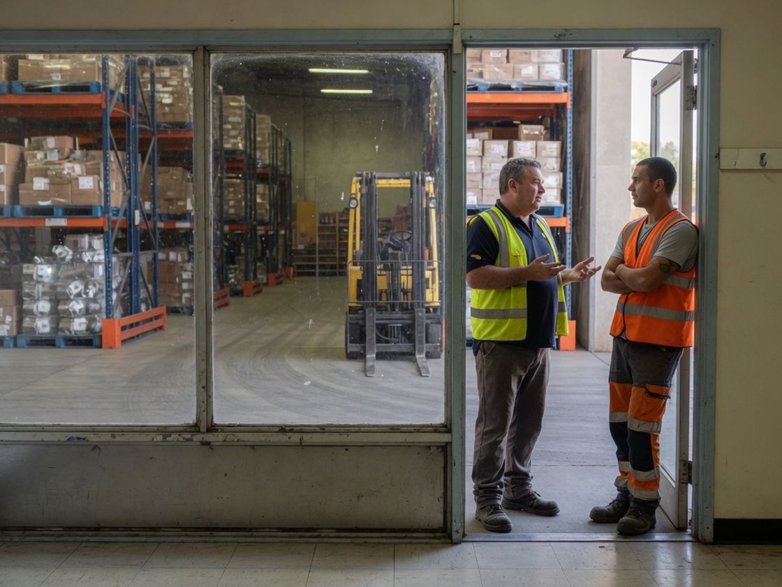 Warehouse manager and team leader talking through hiring decisions, a human check on AI resume screening in Australia
