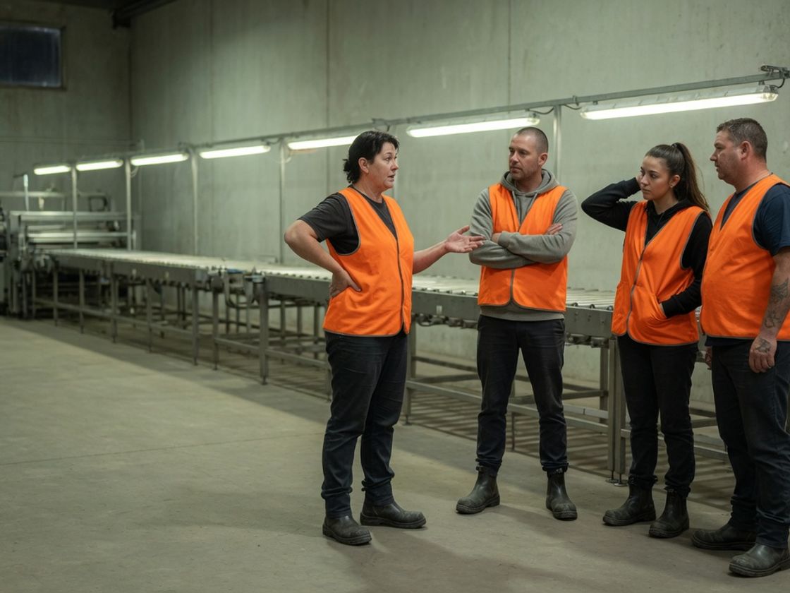 Night shift supervisor handing over to the incoming crew on a 24 hour roster at a factory production line