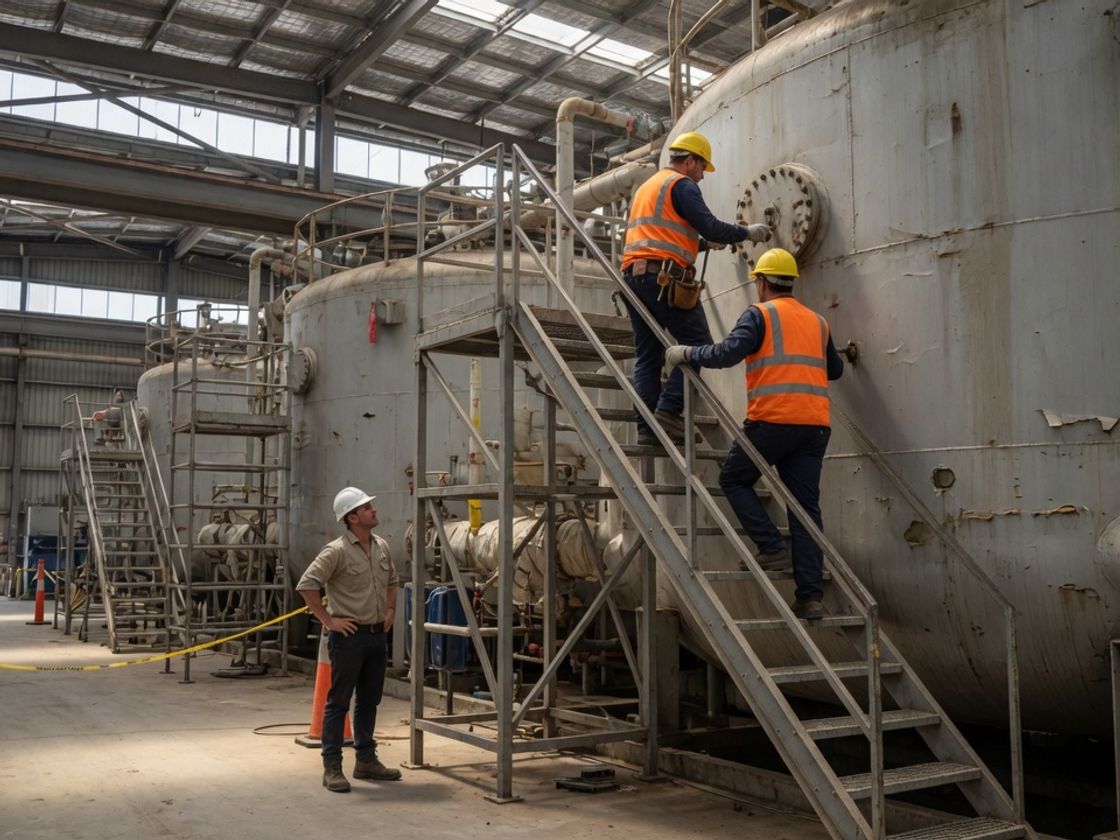 Maintenance crew working on a processing vessel during maintenance shutdown labour hire at a Melbourne manufacturing plant