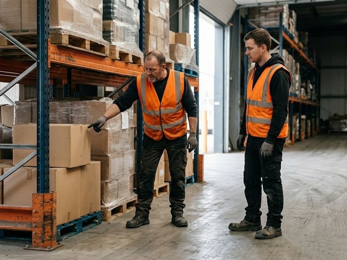 Two warehouse workers at a racking bay discussing inventory data ownership for a disputed stock record