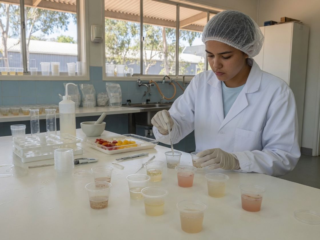 A young woman in a lab coat at a quality testing bench in a food factory, for the Nestle NextGen graduate program