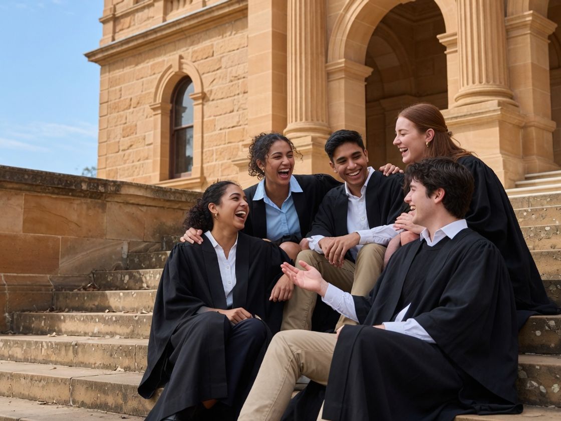 Young graduates in gowns laughing outside a university building, for FMCG graduate program eligibility