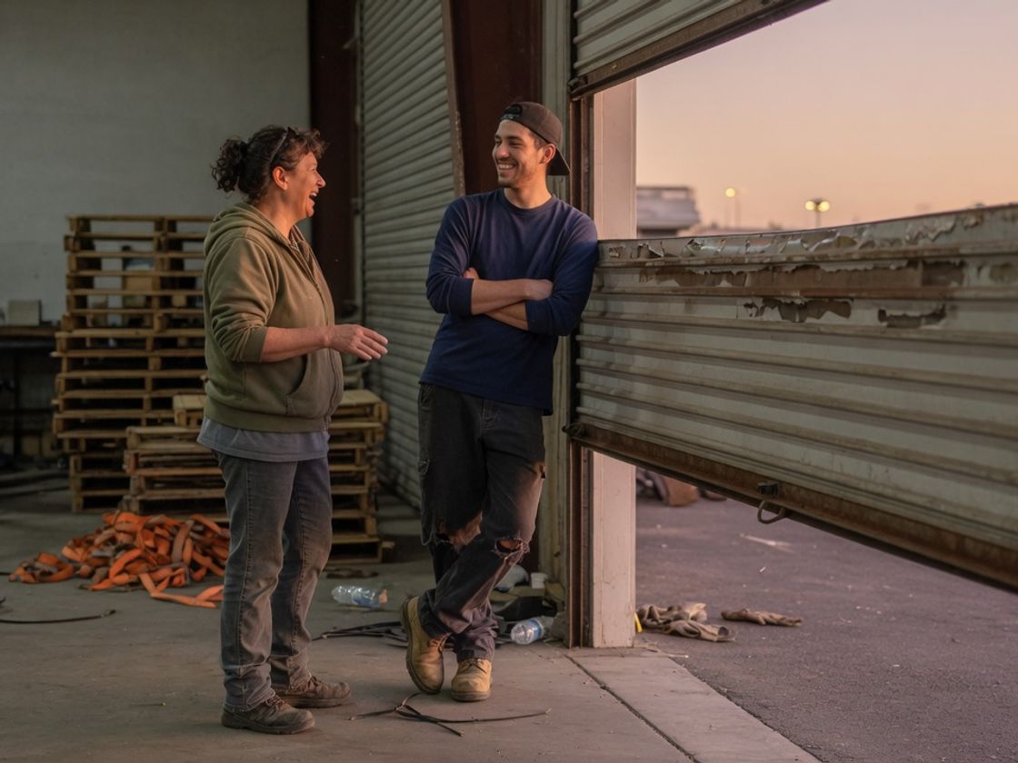 Team leader and a worker talking beside a roller door at the end of a shift in evening light
