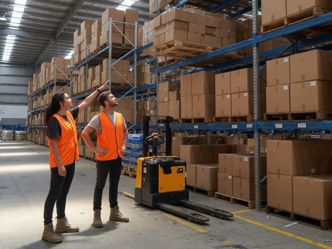 Two young graduates in plain hi-vis vests talking beside pallet racking in a distribution centre, for FMCG supply chain graduate programs