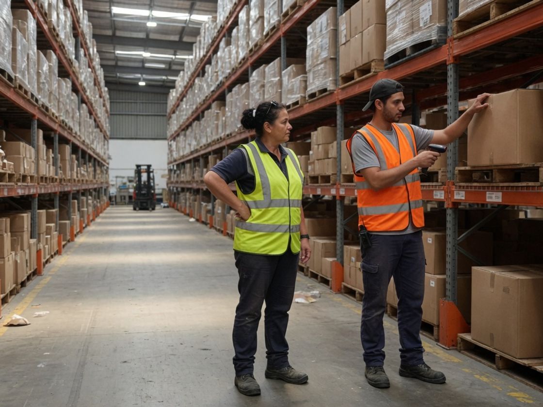 Supervisor watching a picker use a handheld scanner on pallet racking, testing WMS skills for warehouse workers
