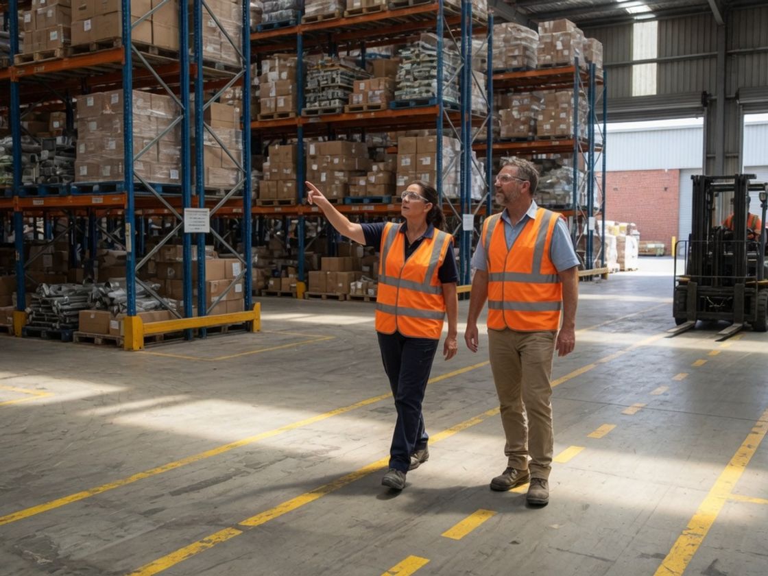 Site manager showing a visitor around a warehouse during a labour hire site visit