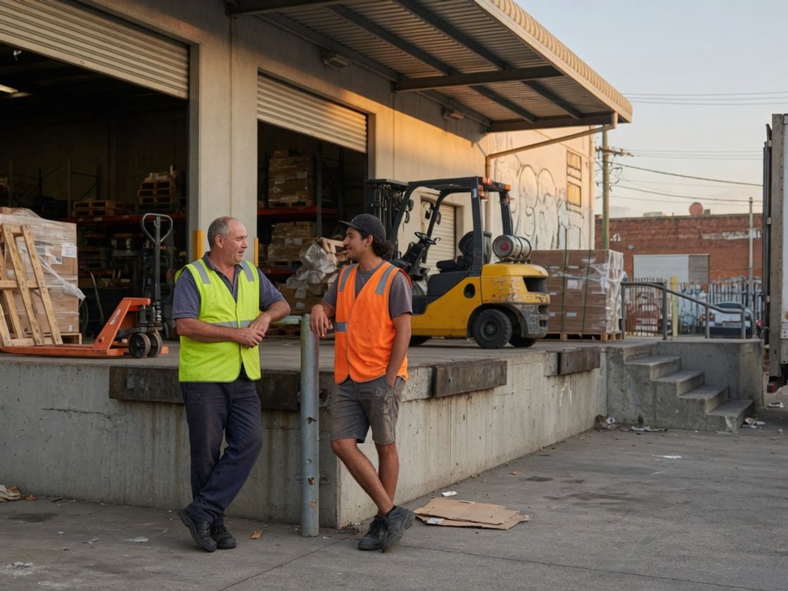 Supervisor talking with a labour hire crew member at a Melbourne loading dock after a shift, approving hours