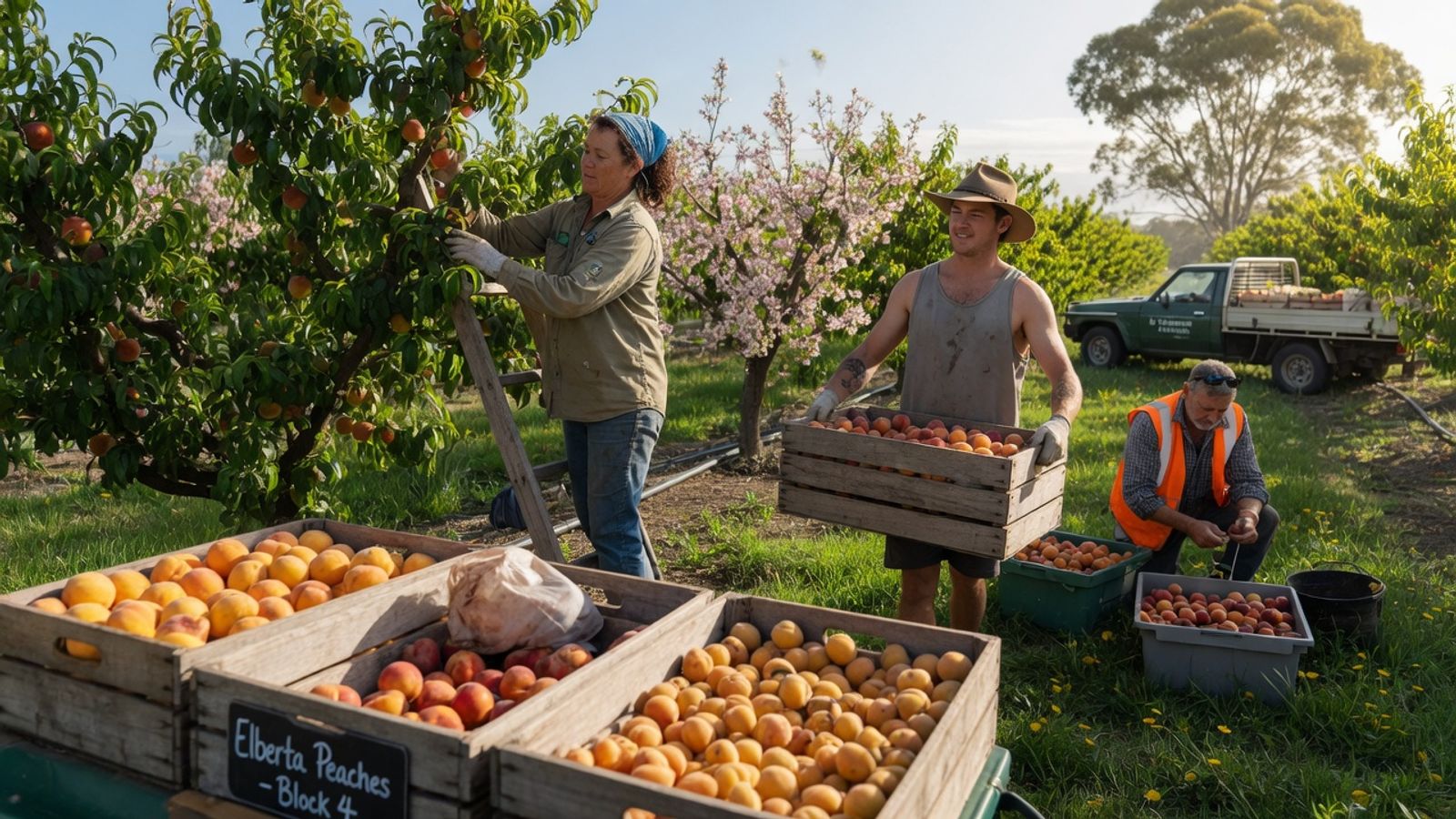 Seasonal agriculture workers harvesting fruit in a Victorian orchard