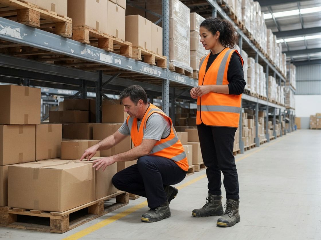 Two warehouse workers counting cartons by hand at a pallet racking bay as part of a cycle counting routine
