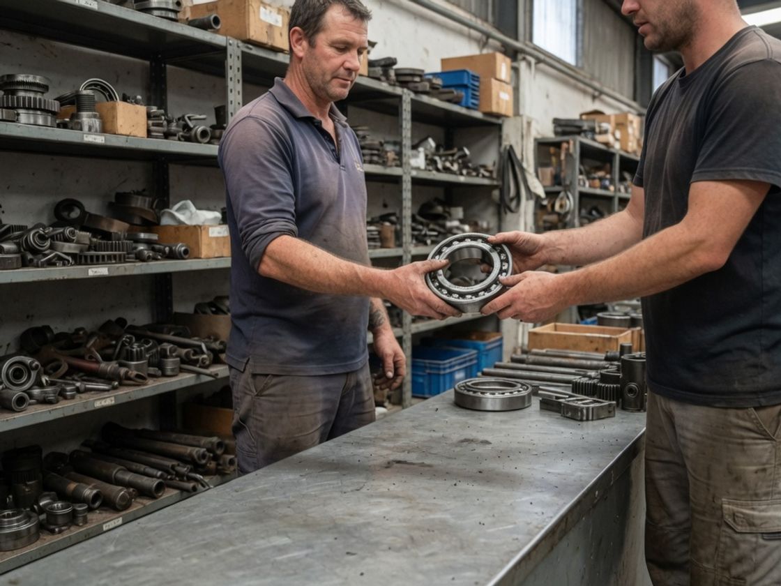 Storeperson handing a bearing from the spare parts inventory to a fitter at a maintenance store counter