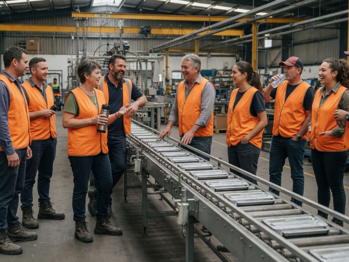 Outgoing and incoming crews talking at a shift handover beside a production line, the changeover point on a rotating roster