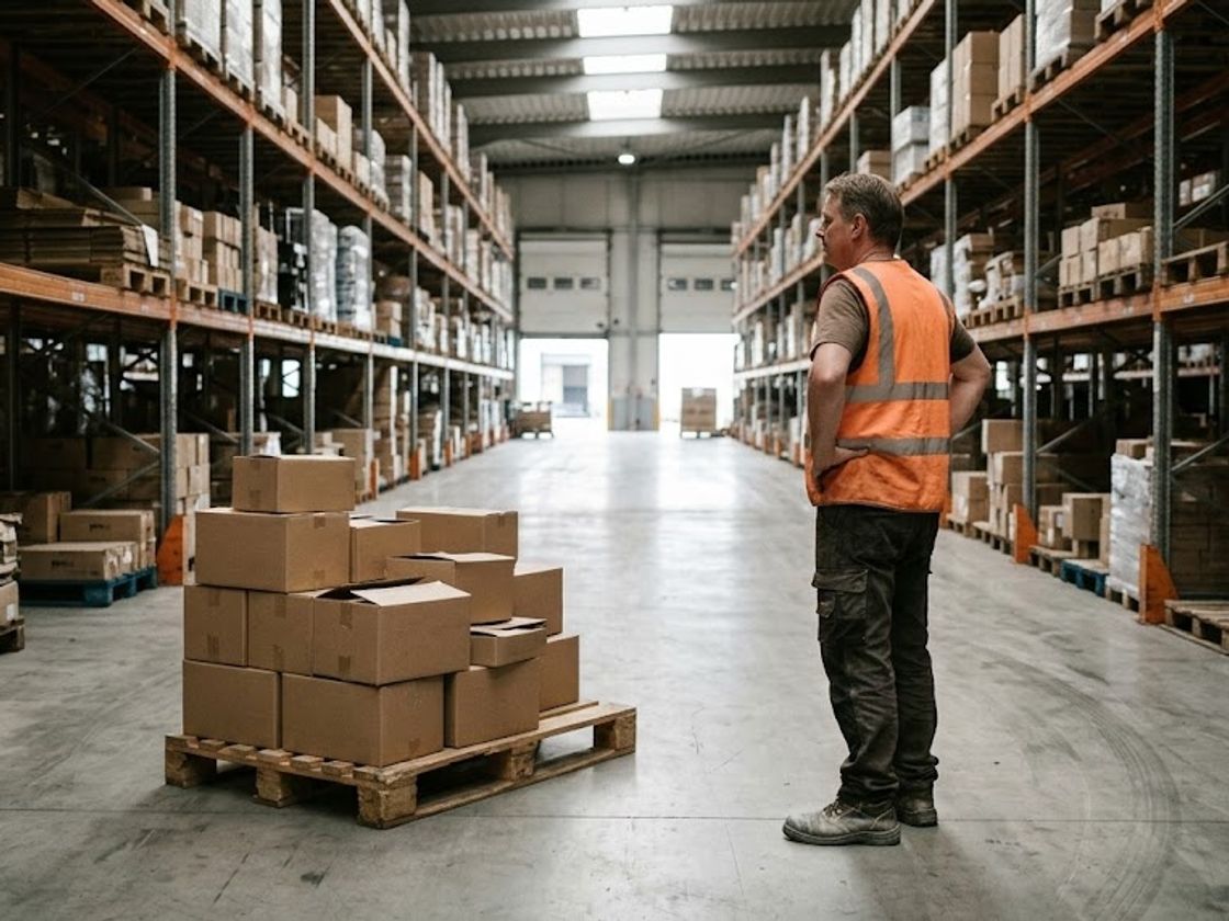 Warehouse supervisor beside a part-empty pallet in a quiet aisle, where a stock adjustment backlog waits