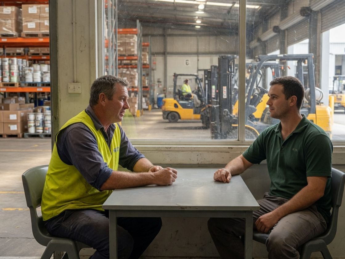 Supervisor talking with a casual worker about the employee choice pathway in a warehouse office