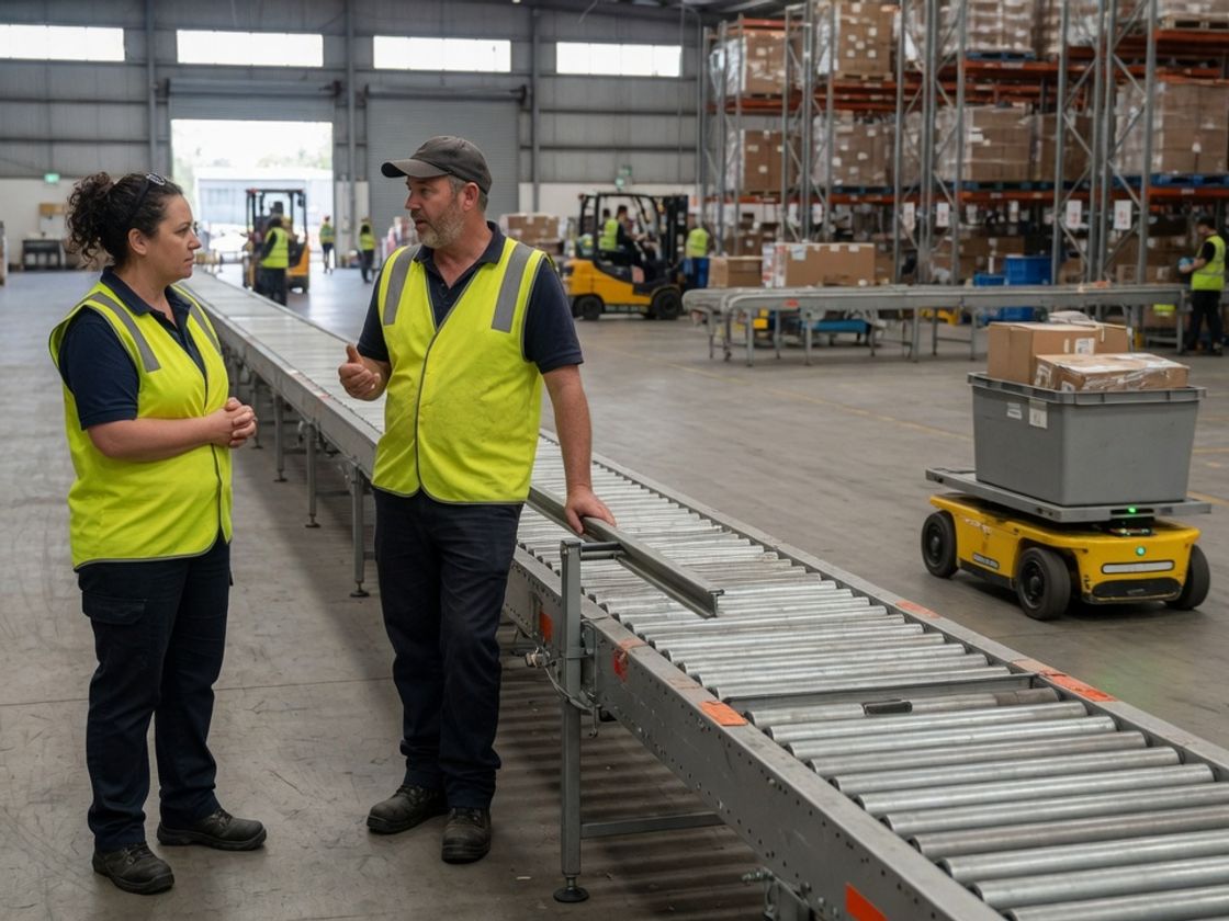Technician and supervisor beside a conveyor and mobile robot, planning warehouse automation jobs in Melbourne