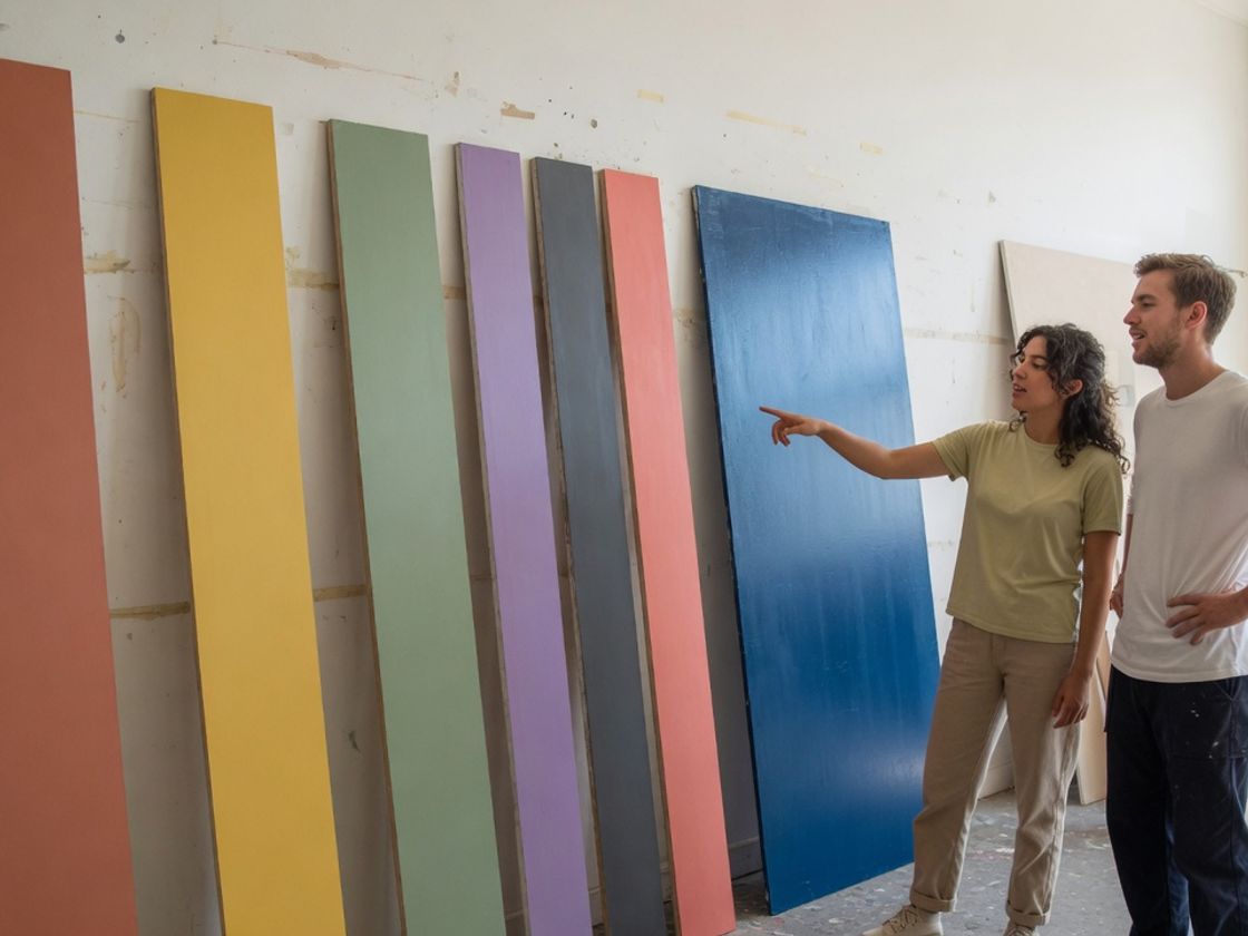 Two young colleagues comparing blank paint colour panels, for the DuluxGroup graduate program