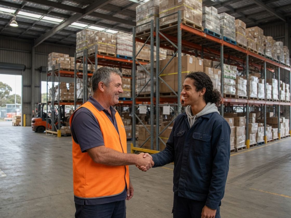 Warehouse supervisor welcoming a new casual worker on day one, ready for a VEVO check for employers, Melbourne warehouse