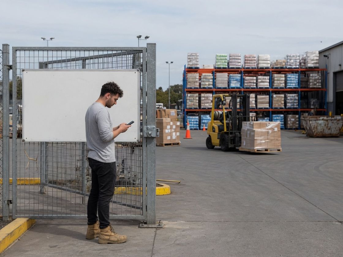 Job seeker with a phone at a warehouse gate in Melbourne, an example of how QR code job ads reach walk-in applicants