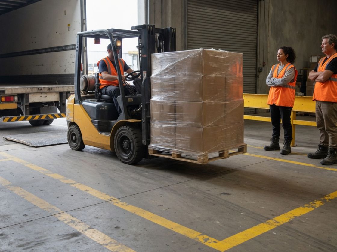 Cross docking crew moving freight from an inbound truck to a floor lane at a warehouse dock