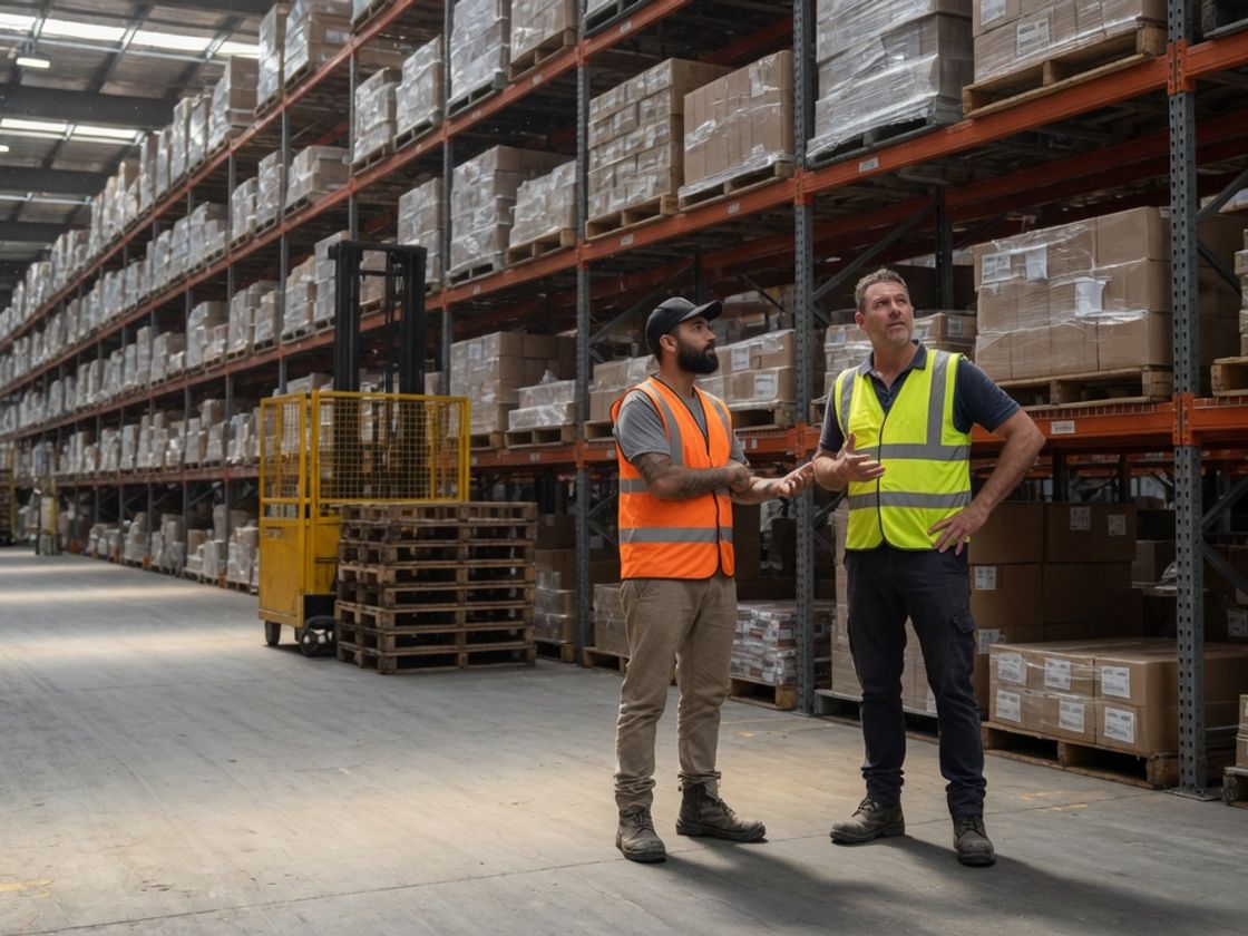 Warehouse supervisor and contractor worker discussing a task on a Melbourne warehouse floor, illustrating the labour hire definition in Victoria for hosts