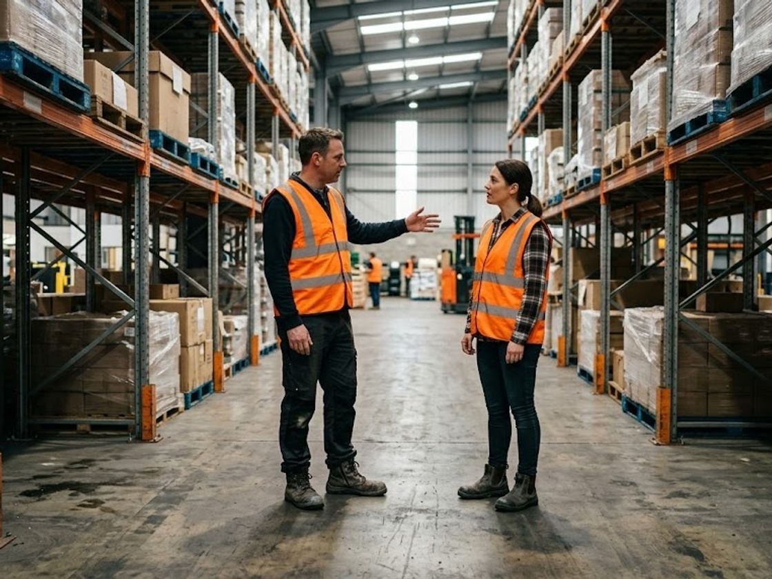 Two supervisors talking at shift changeover in a warehouse aisle, where warehouse handover records matter