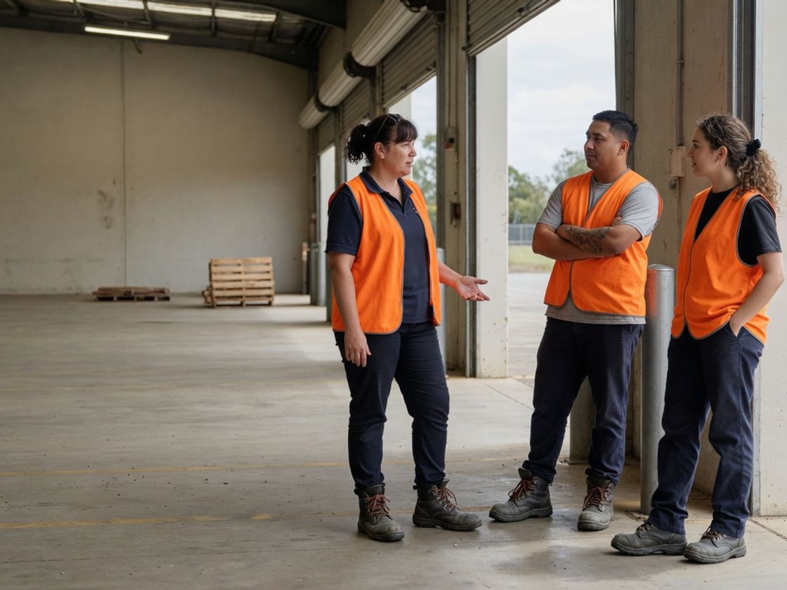 Supervisor talking with two shift workers about changing a roster at the start of a shift in a warehouse