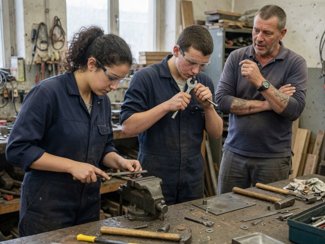 Two apprentices working at a workshop bench while a qualified tradesperson watches beside them