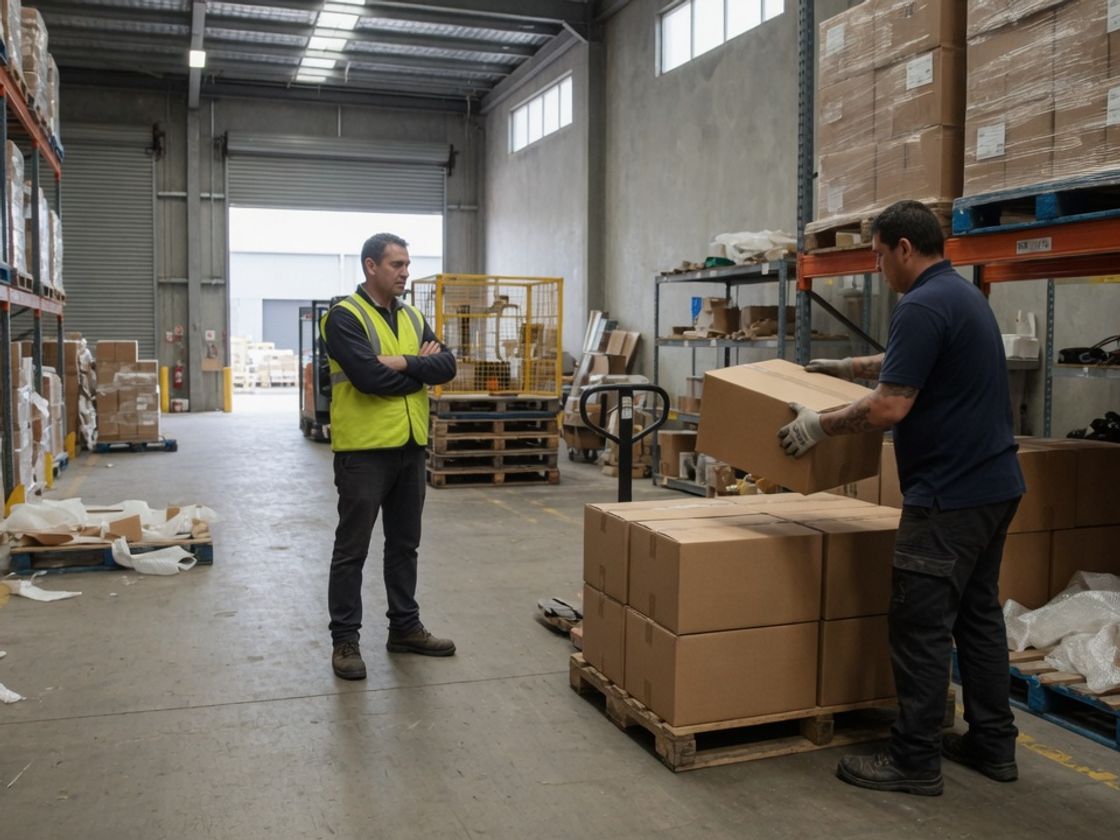 Team leader watching a candidate lift a carton in a practical pre-employment skills test at a Melbourne warehouse