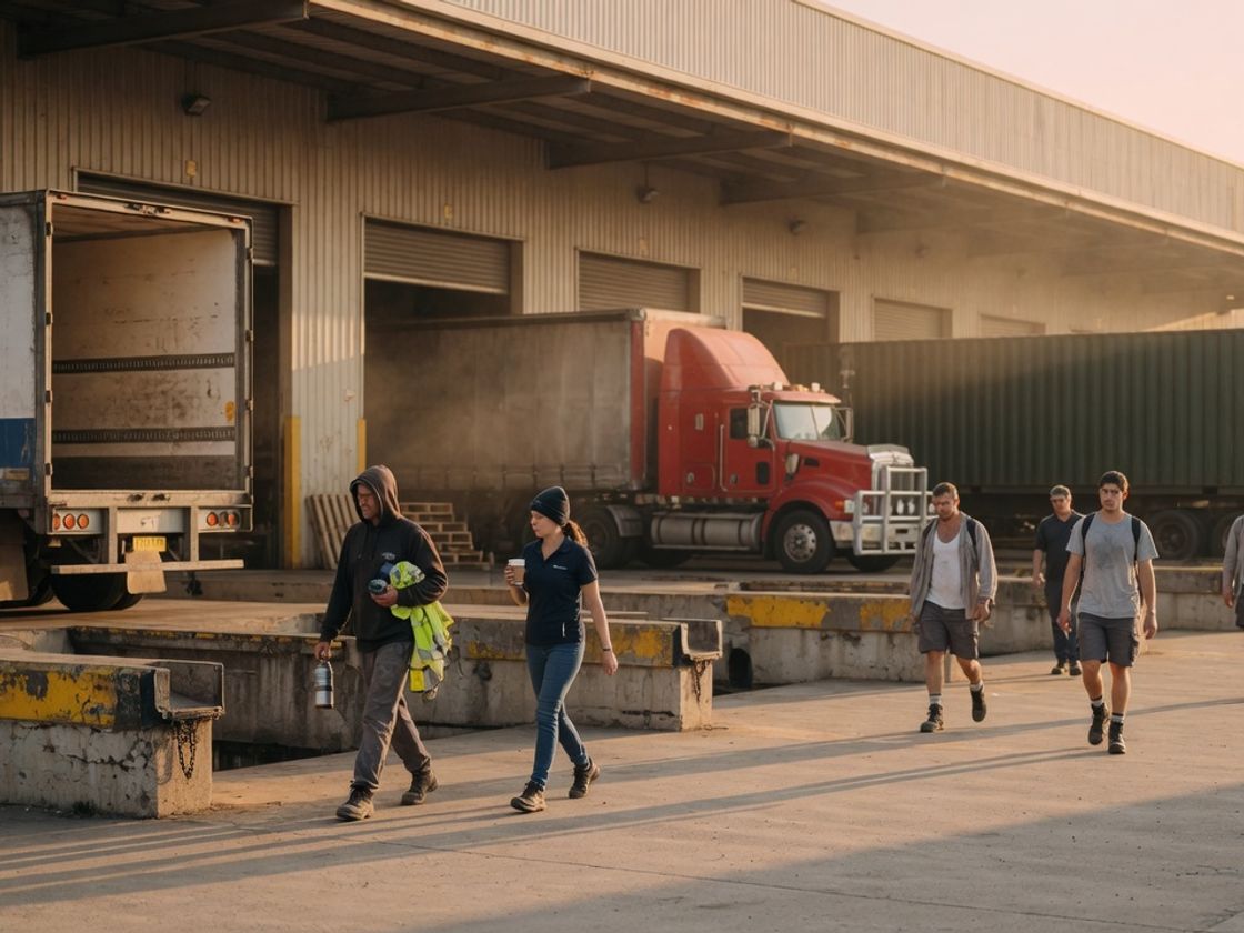 Workers walking into a distribution centre loading dock at sunrise with trucks lined up at the bays