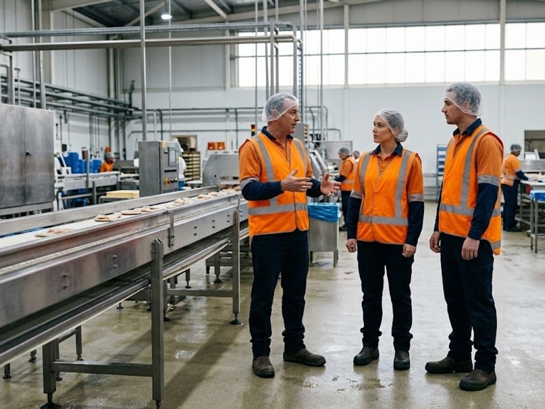 Production supervisor discussing manufacturing productivity with two process workers beside a conveyor line