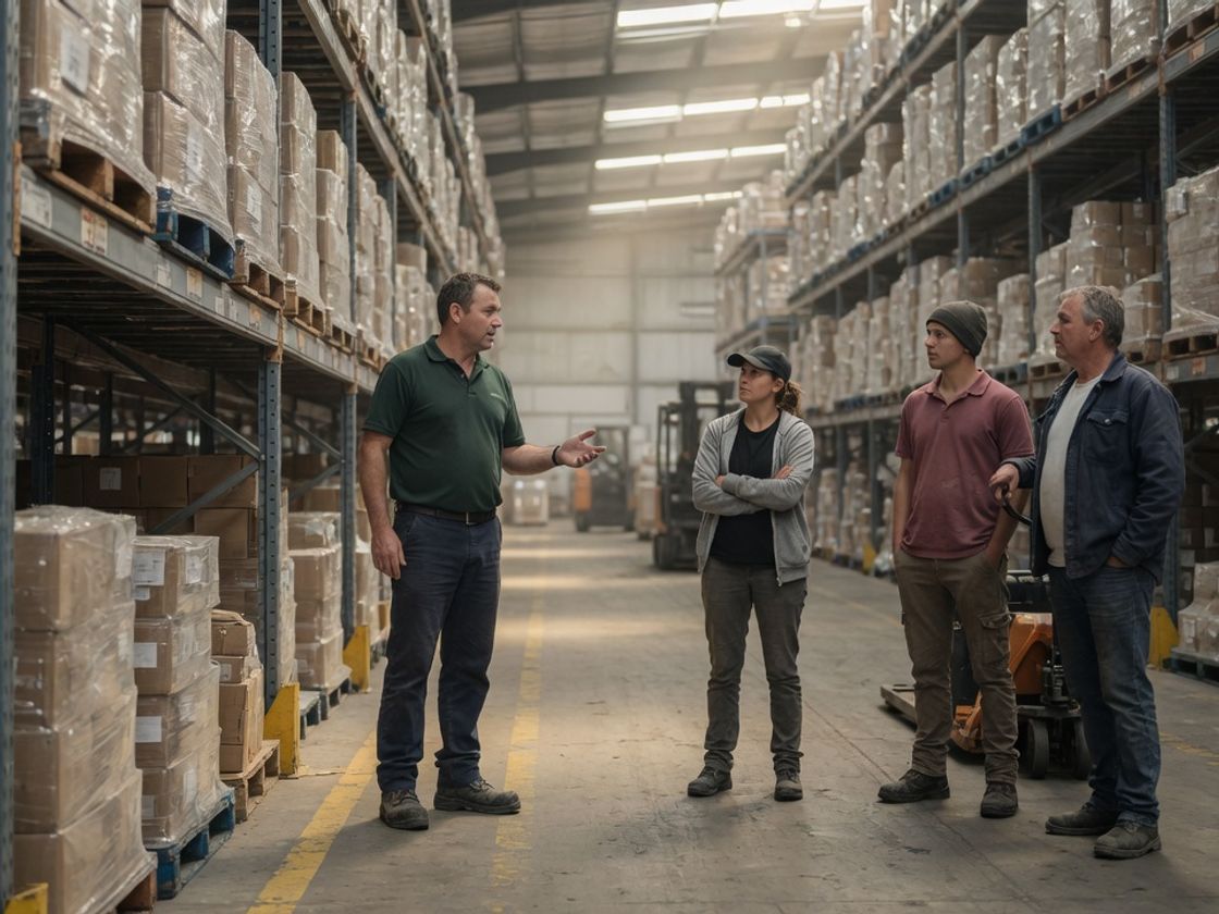 Supervisor briefing a small crew beside pallet racking at the start of an early shift, the point where a roster you build from demand puts people where the work is