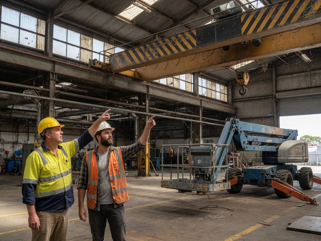 Supervisor and tradesperson reviewing which high risk work licence classes apply to the crane and platform on a plant floor