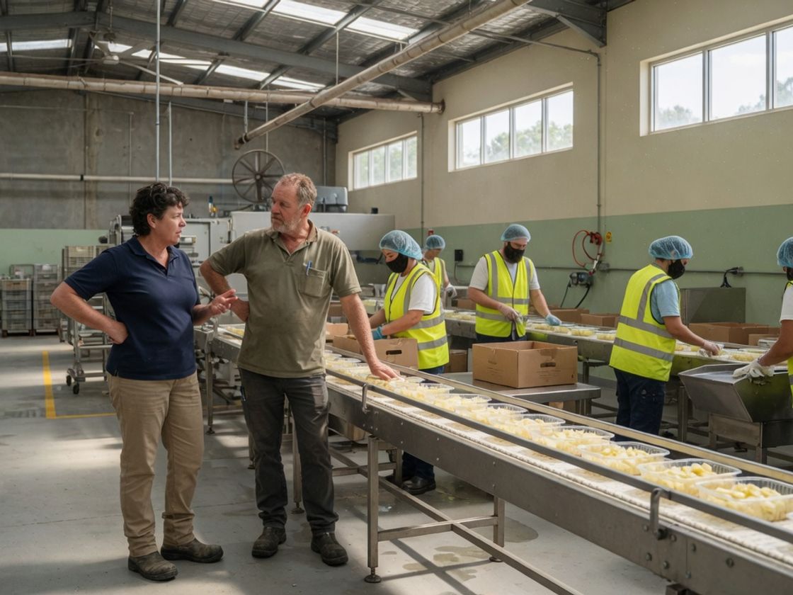 Plant manager and supervisor talking on a Melbourne production floor before labour hire workers start, covering labour hire contract clauses