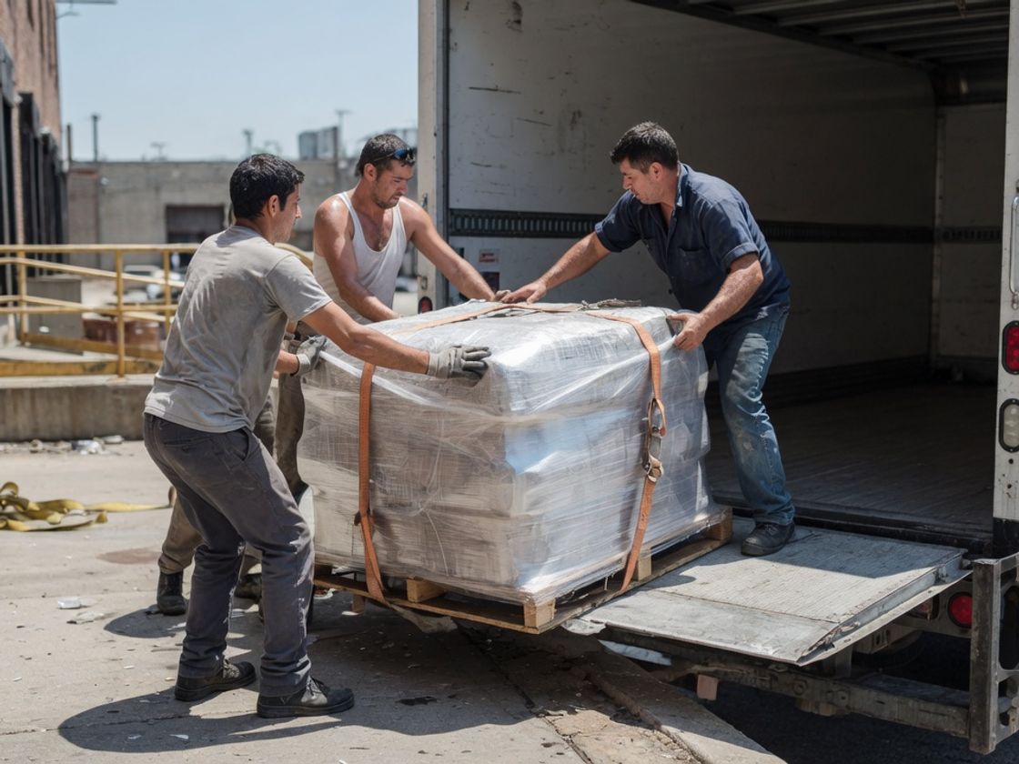 Three workers loading a wrapped pallet onto a truck at a loading dock