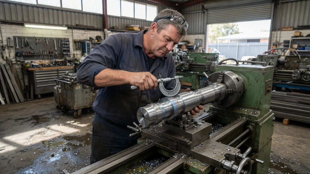 Fitter and turner machining a component on a lathe