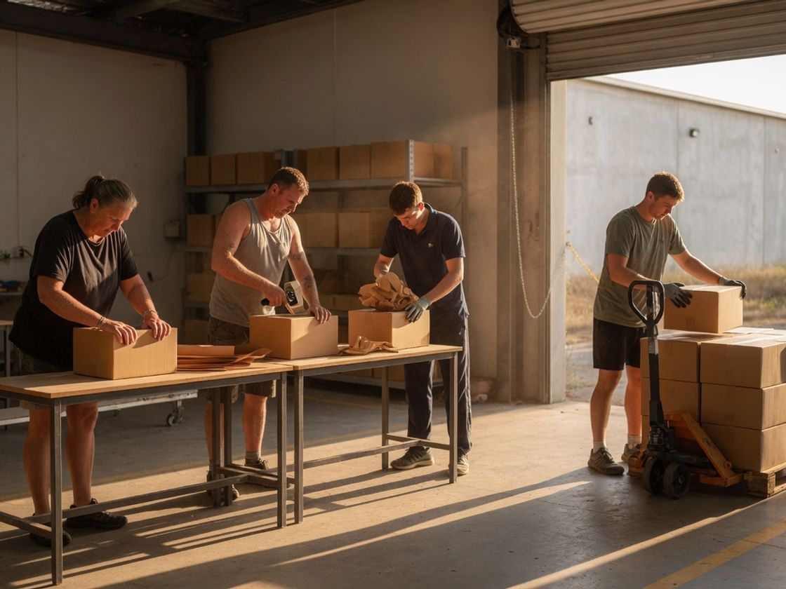 Packers at packing benches preparing orders ahead of the dispatch cut-off times for the afternoon truck
