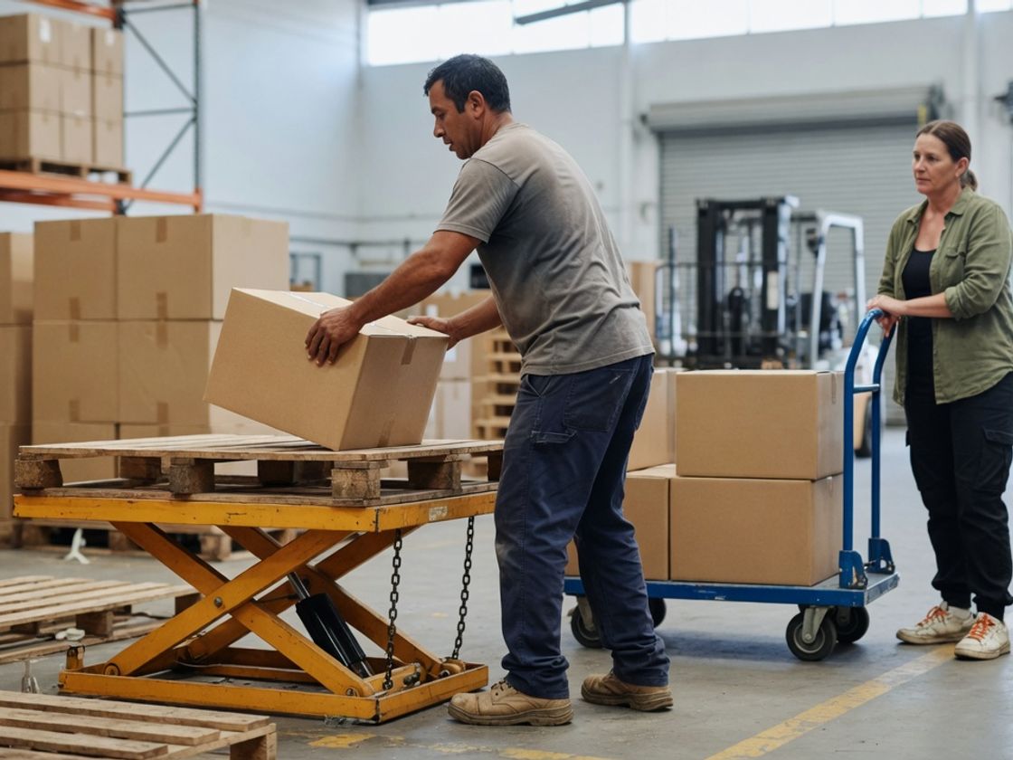 Warehouse worker taking a box from a pallet raised on a lift table to waist height, an example of manual handling in a warehouse