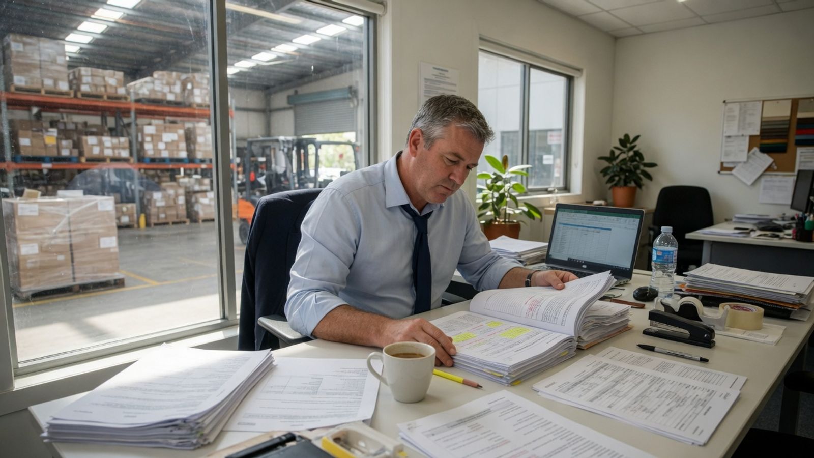 Procurement manager reviewing labour hire tender documents in an Australian office
