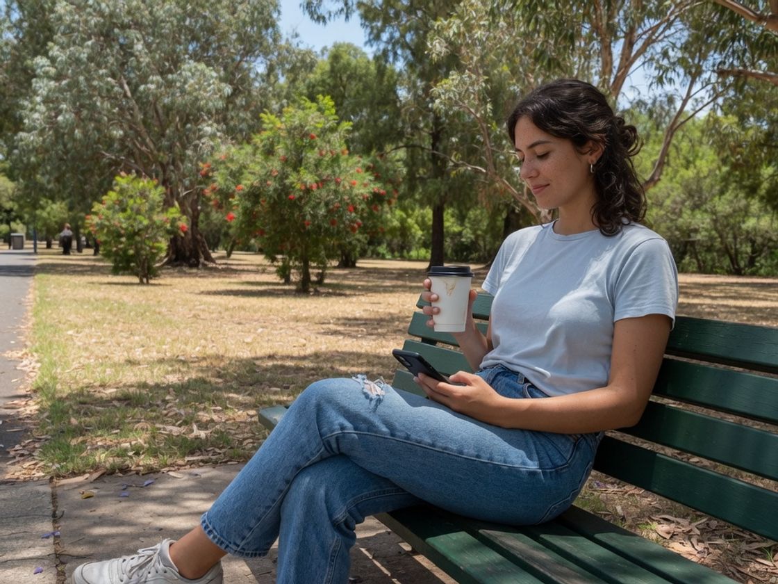 A young woman waiting on a park bench with a coffee, for tracking FMCG graduate program intake