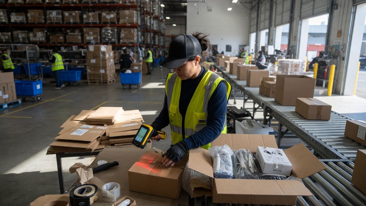 Pick packer scanning orders on a fulfilment line
