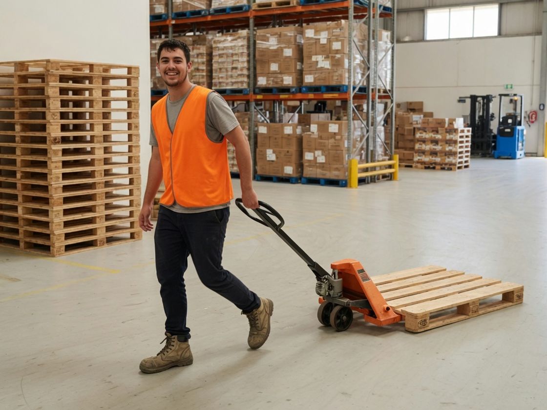 A young man in hi-vis pulling a pallet jack in a food warehouse, an alternative to FMCG graduate programs