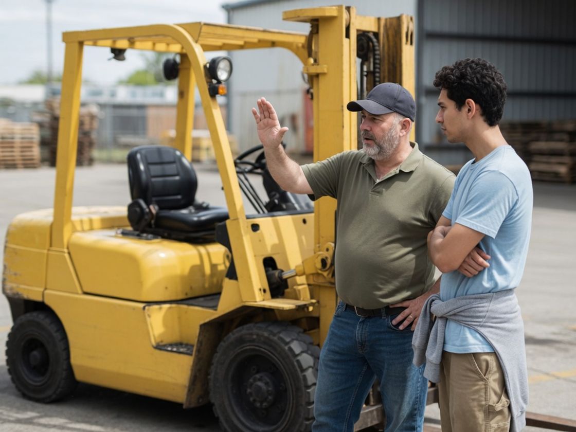 Forklift instructor giving a hand signal to a trainee beside a yellow forklift in a warehouse yard