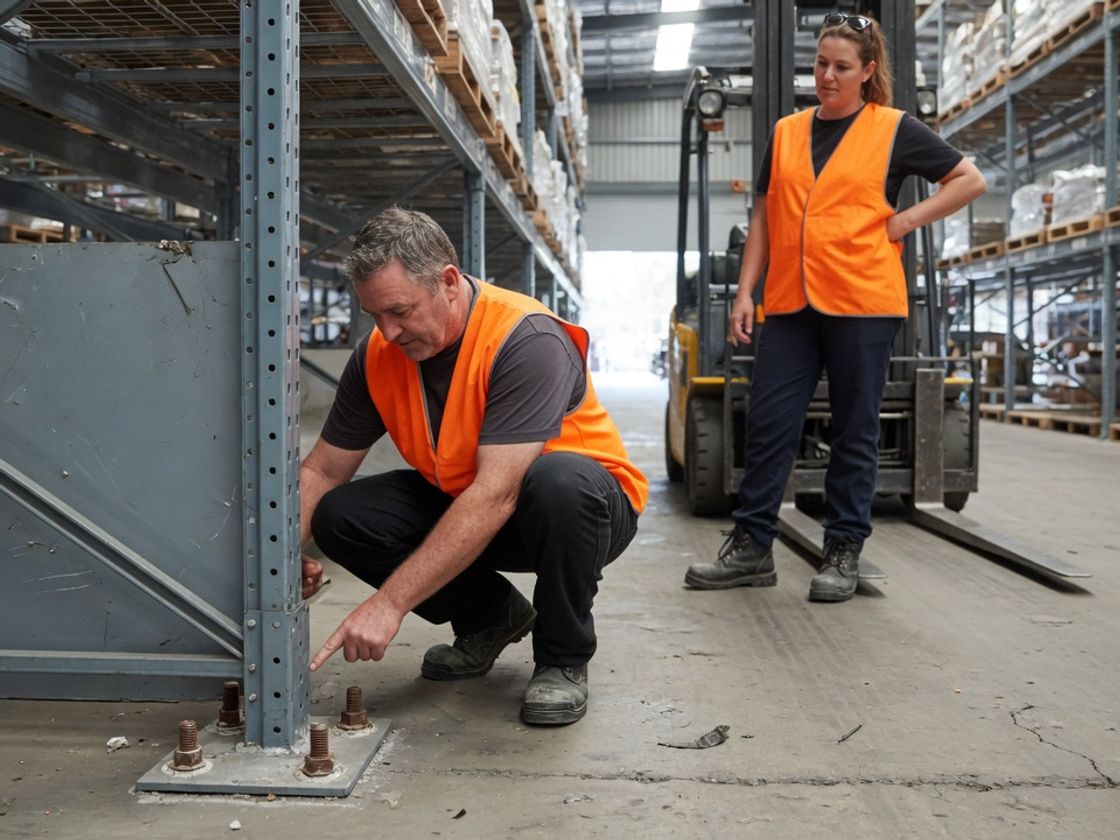 Supervisor carrying out a pallet racking inspection at the base of an upright in a warehouse aisle
