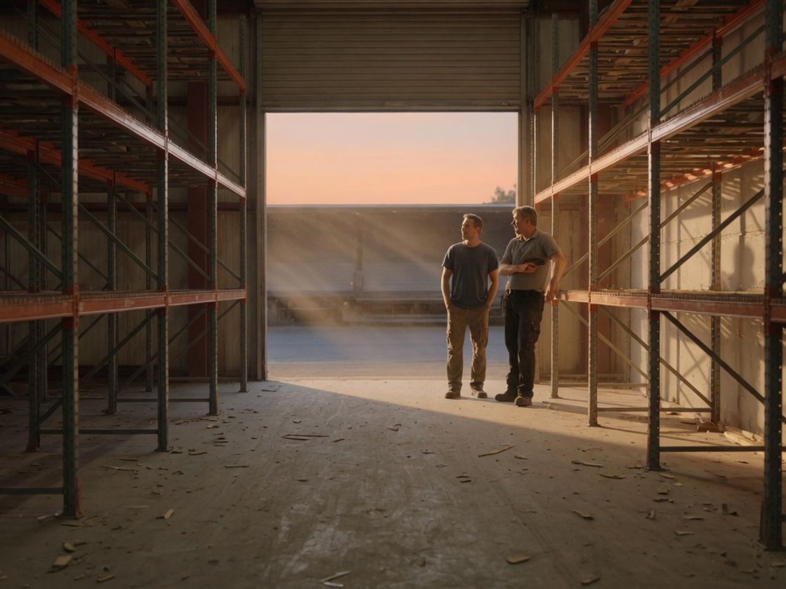 Two people talking at the end of an empty pallet racking aisle in a warehouse in late afternoon light