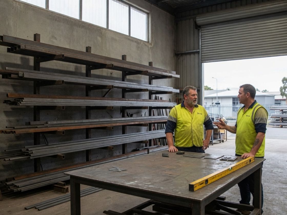 Workshop supervisor and team leader discussing a trade vacancy in a Melbourne workshop before writing a job ad