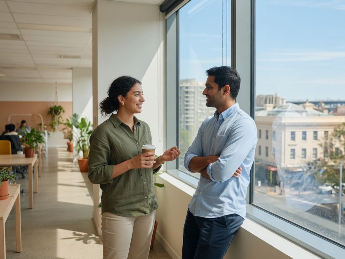Two young professionals chatting in a bright office, representing FMCG finance, HR and IT graduate programs